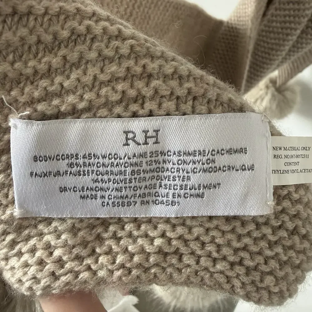 RH WOMENS‎ CASHMERE WOOL Wrap LONG Winter SCARF FUR Poms Oatmeal Color 30